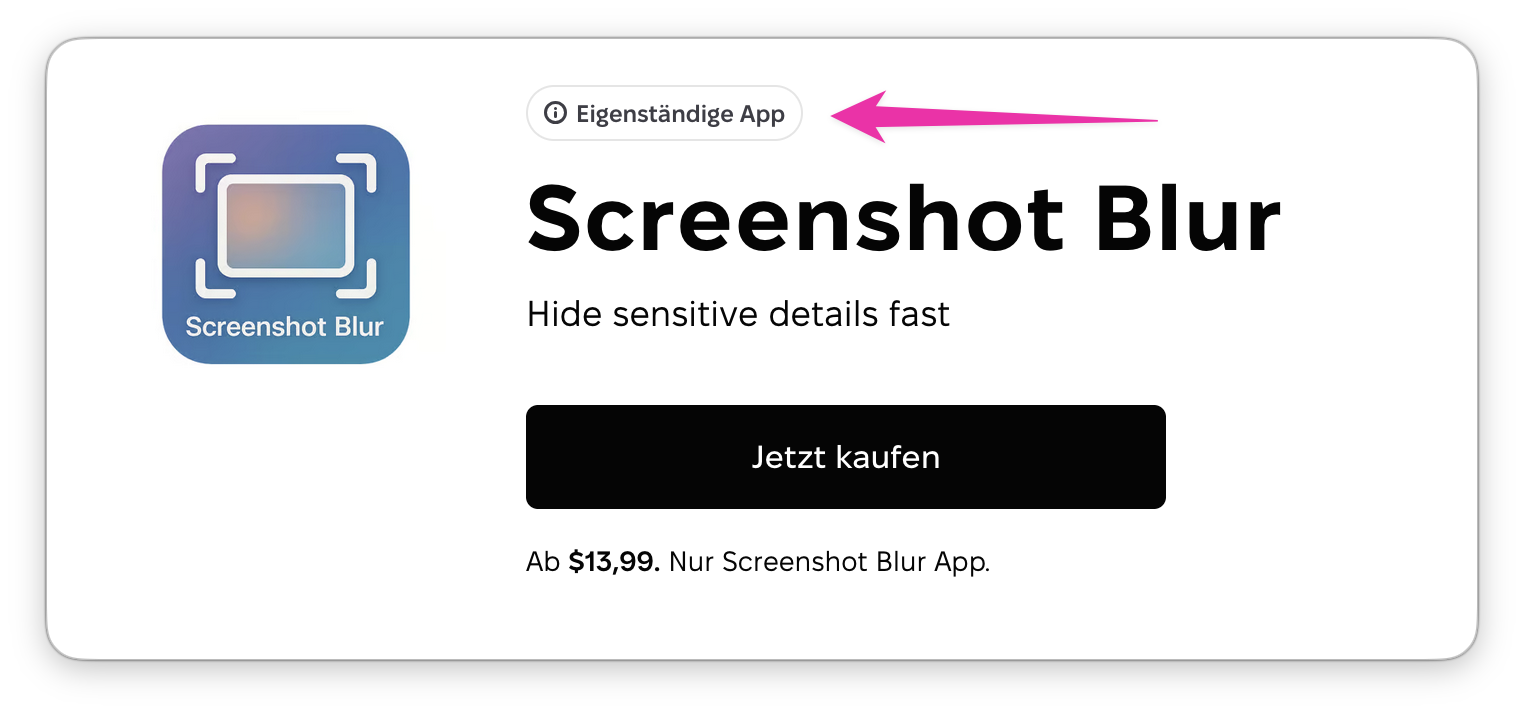 Screenshot_Blur-App-Karte in Setapp mit hervorgehobenem Badge „Eigenständige App", Schaltfläche „Jetzt kaufen" und Preis ab 13,99 $/Monat.