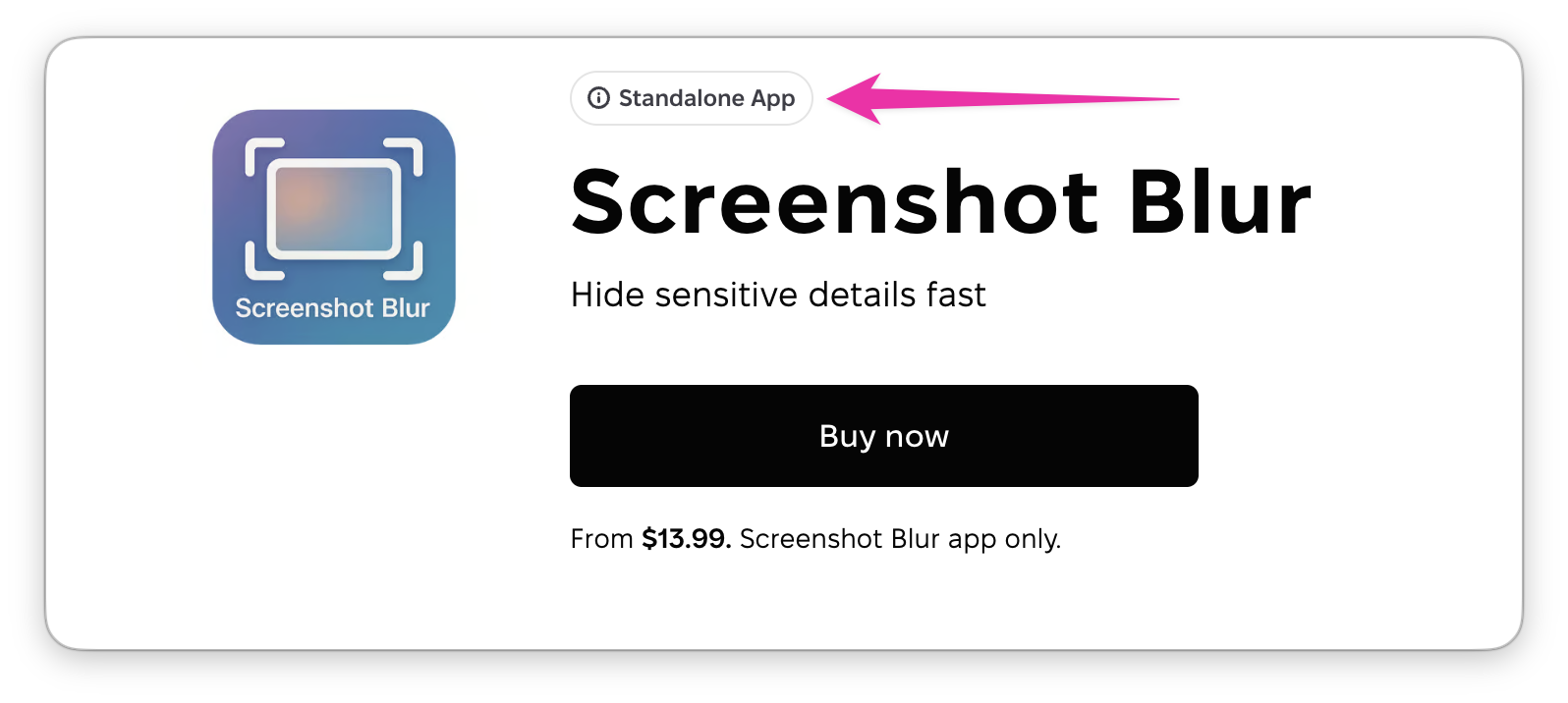 Screenshot Blur app page in Setapp with highlighted "Standalone App" badge, Buy Now button, and price from $13.99/mo