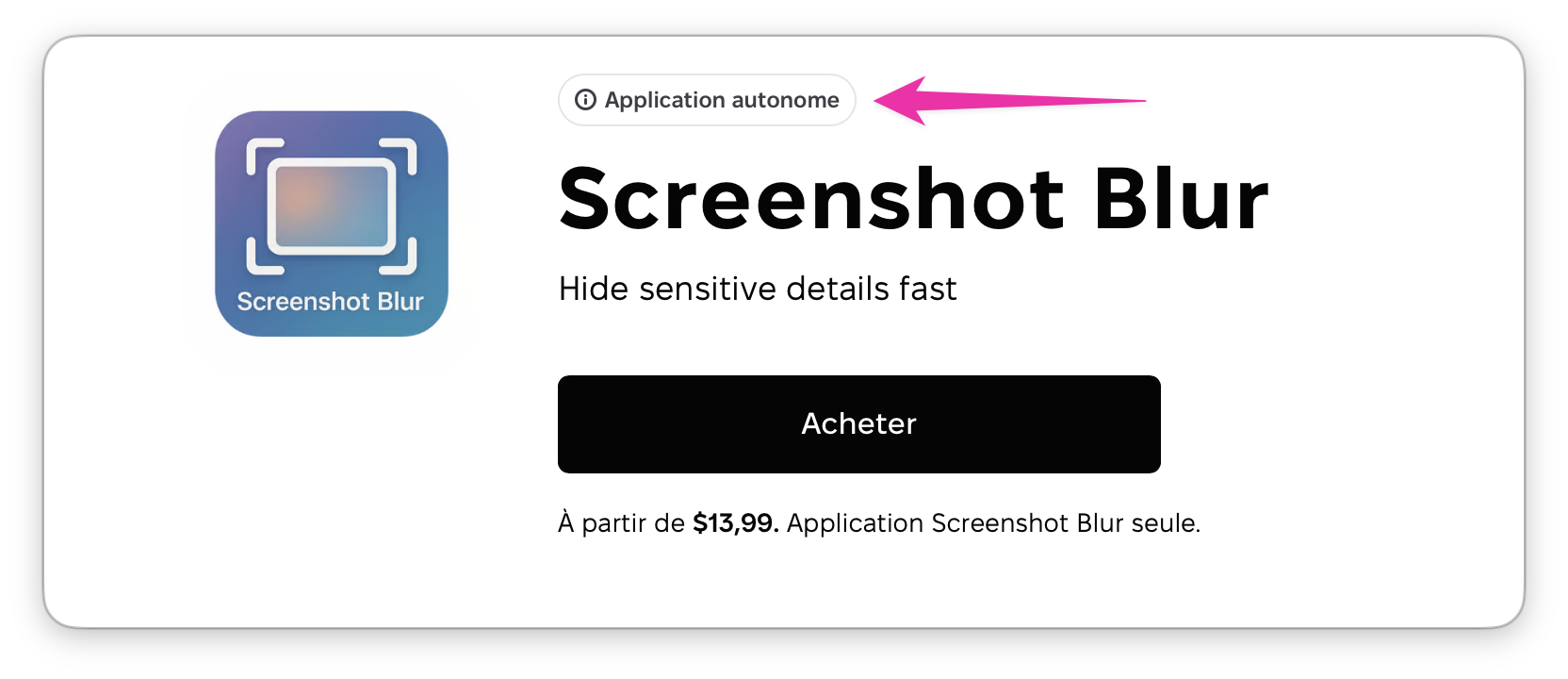 Carte de l'app Screenshot Blur dans Setapp avec le badge « Application autonome » mis en évidence, le bouton « Acheter » et le prix à partir de 13,99 $/mois.