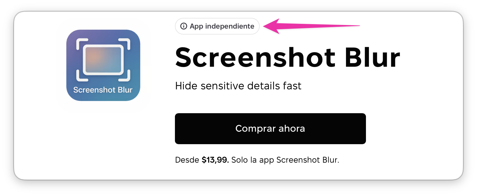 Tarjeta de la app JScreenshot Blur en Setapp con el badge «App independiente» destacado, botón «Comprar ahora» y precio desde 13,99 $/mes.