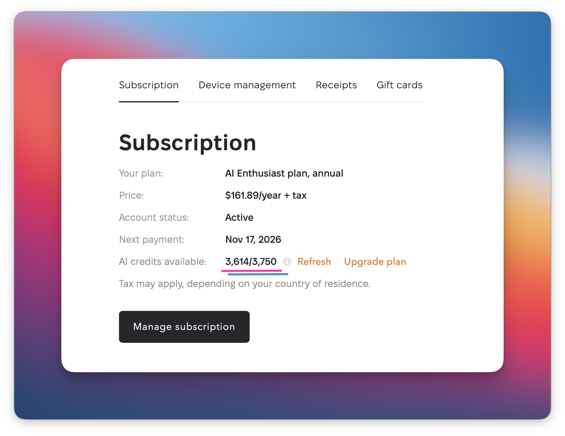 The screenshot shows the Subscription page with the AI credits usage highlighted as 3614 out of 3750.