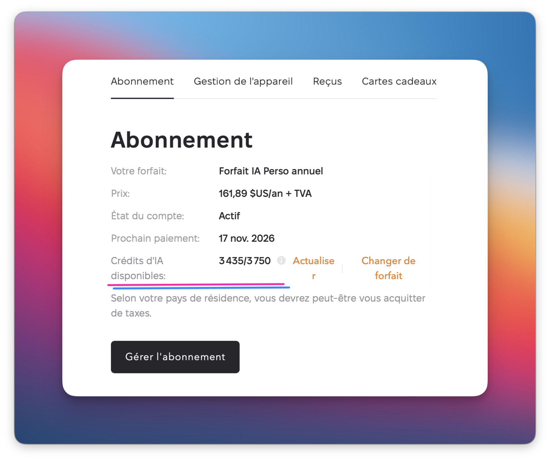 La capture d'écran montre la page Abonnement avec l'utilisation des crédits IA mise en évidence : 3 435 sur 3 750.