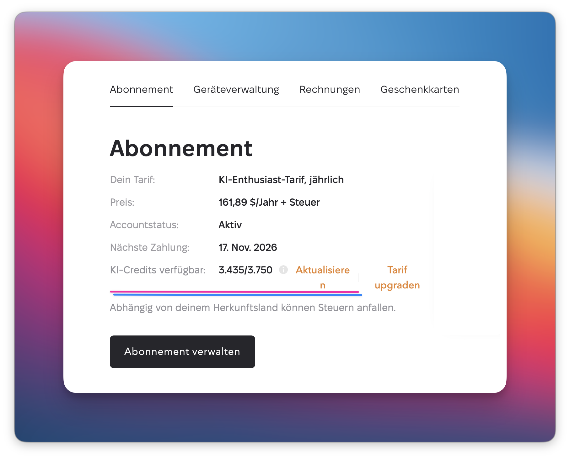 Der Screenshot zeigt die Abonnementseite mit der hervorgehobenen KI-Kreditnutzung von 3435 von 3750.