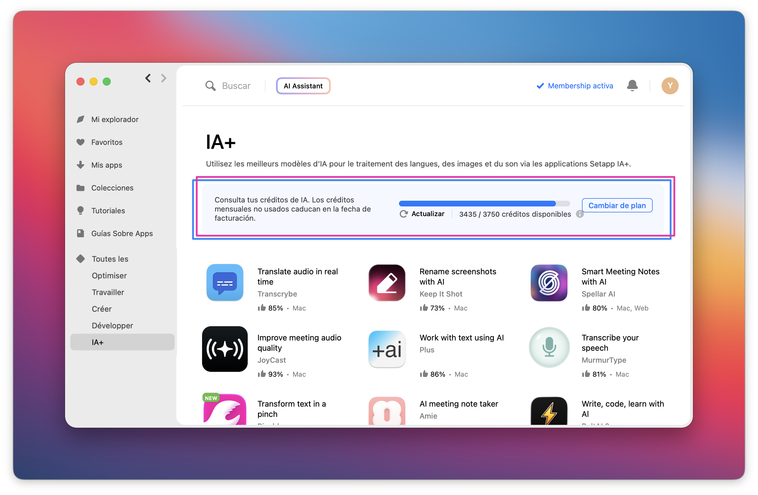 La captura de pantalla muestra la sección "IA+" con el rastreador de créditos resaltado, que indica 3435 de 3750 créditos de IA utilizados.