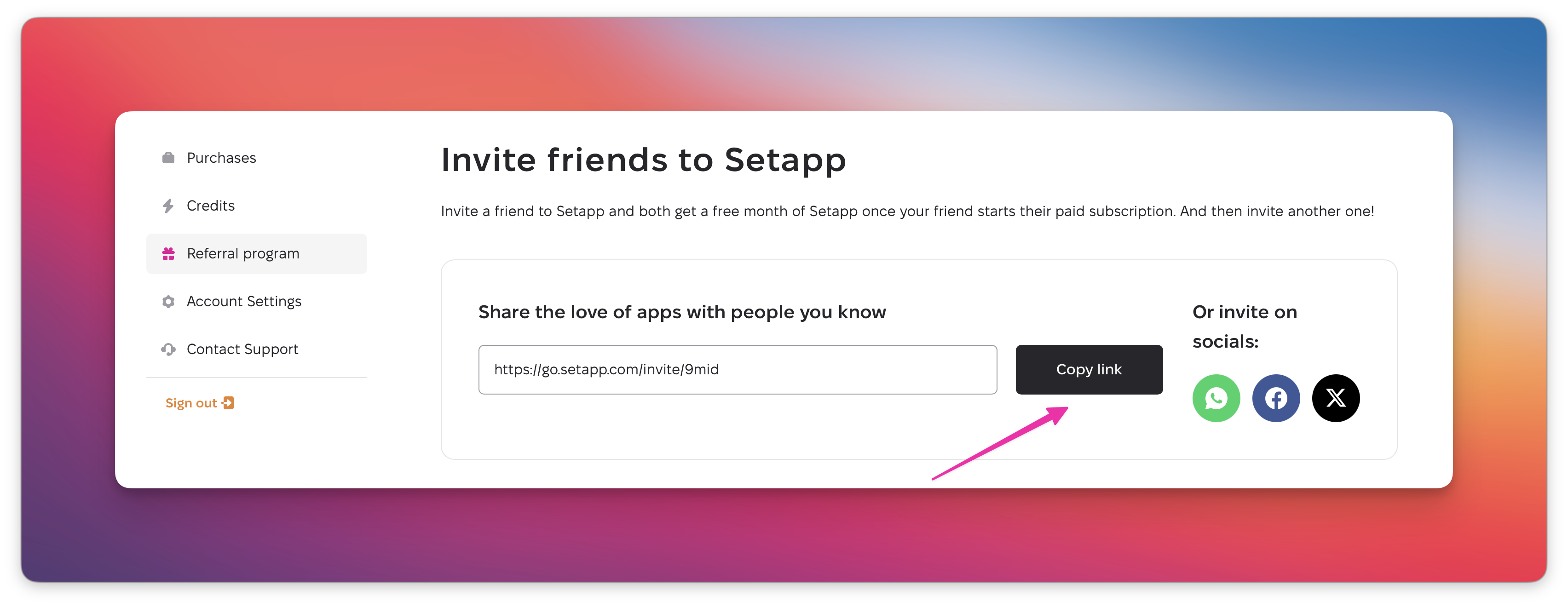 The Setapp "Referral program" page showing an invite link with the "Copy link" button highlighted.