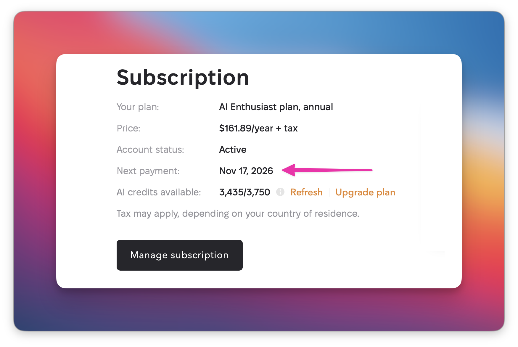 The Setapp "Subscription" page showing plan details, with the "Next payment: Nov 17, 2026" date highlighted.