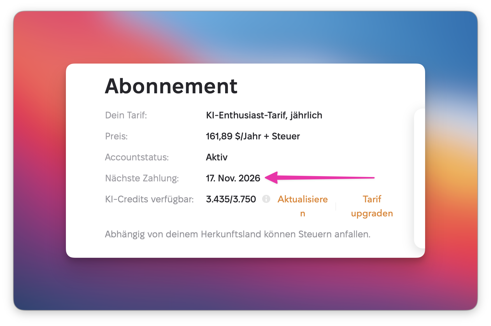 Die Setapp-Seite „Abonnement" mit Tarifdetails, wobei das Datum der nächsten Zahlung „17. Nov. 2026" hervorgehoben ist.