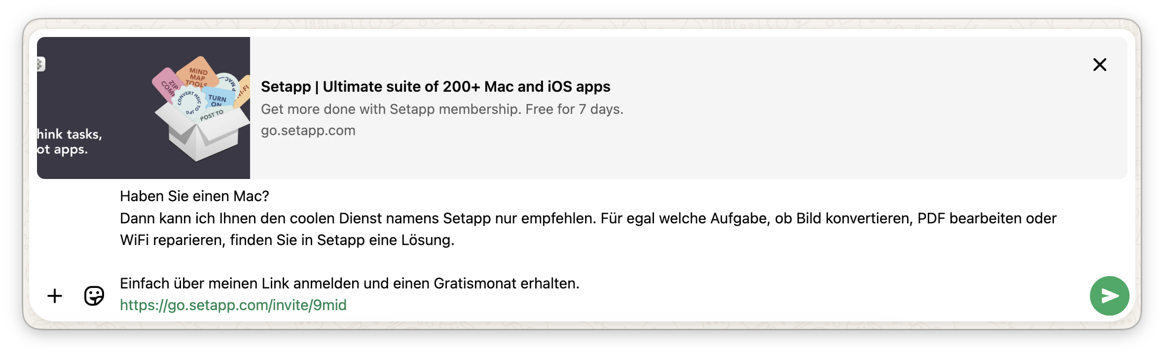 Haben Sie einen Mac?  Dann kann ich Ihnen den coolen Dienst namens Setapp nur empfehlen. Für egal welche Aufgabe, ob Bild konvertieren, PDF bearbeiten oder WiFi reparieren, finden Sie in Setapp eine Lösung.  Einfach über meinen Link anmelden und einen Gratismonat erhalten.