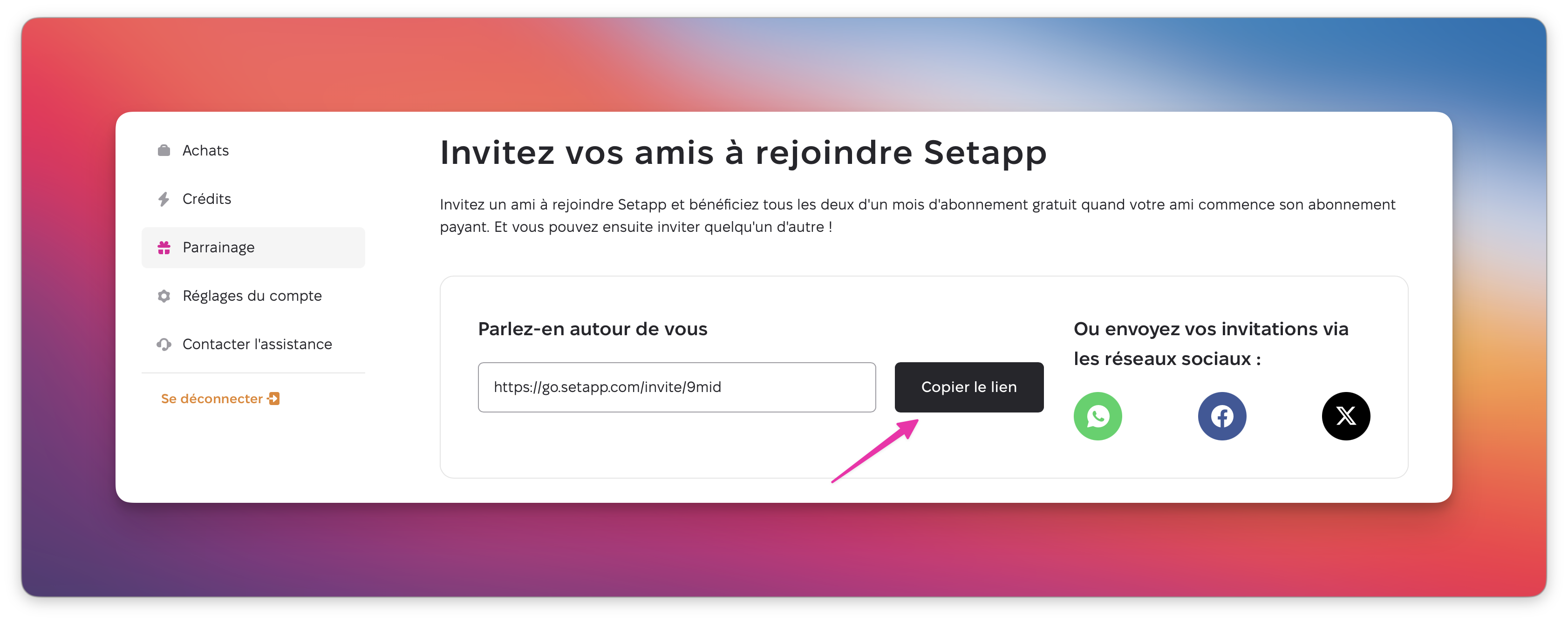 La page « Parrainage » de Setapp avec un lien d'invitation et le bouton « Copier le lien » mis en évidence.