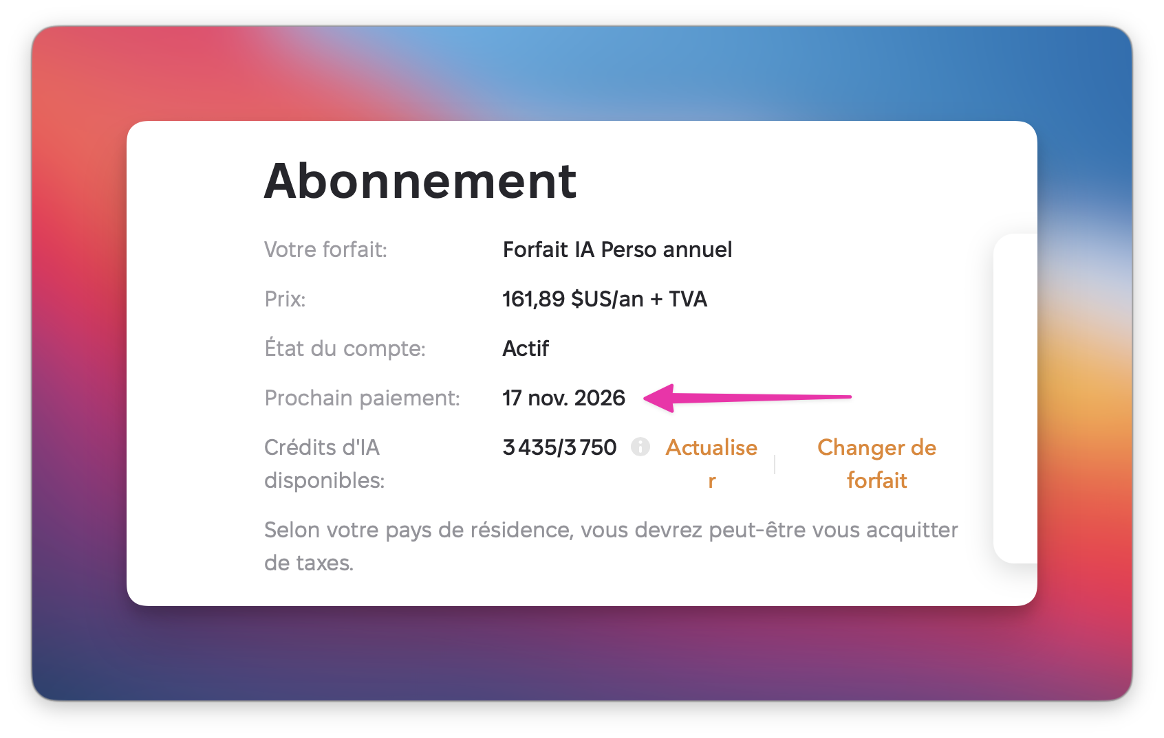 La page « Abonnement » de Setapp avec les détails du forfait, où la date du prochain paiement « 17 nov. 2026 » est mise en évidence.
