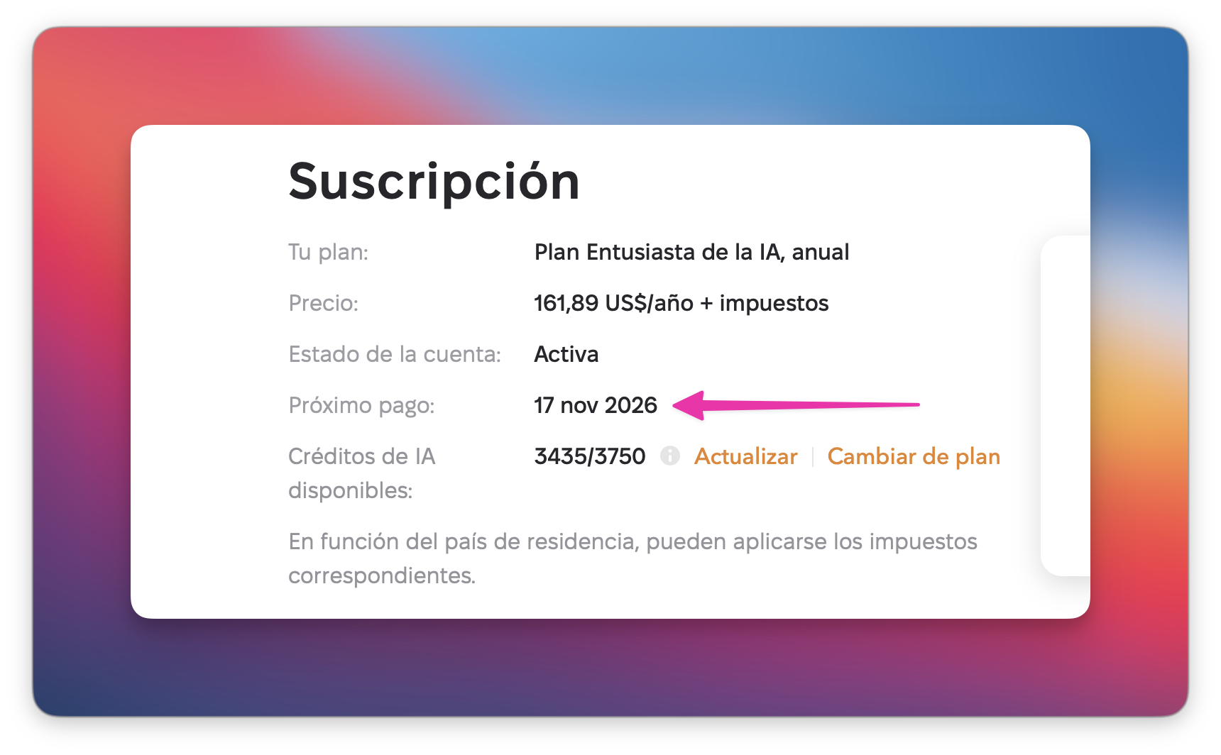 La página «Suscripción» de Setapp con los detalles del plan, donde se destaca la fecha del próximo pago «17 nov 2026».