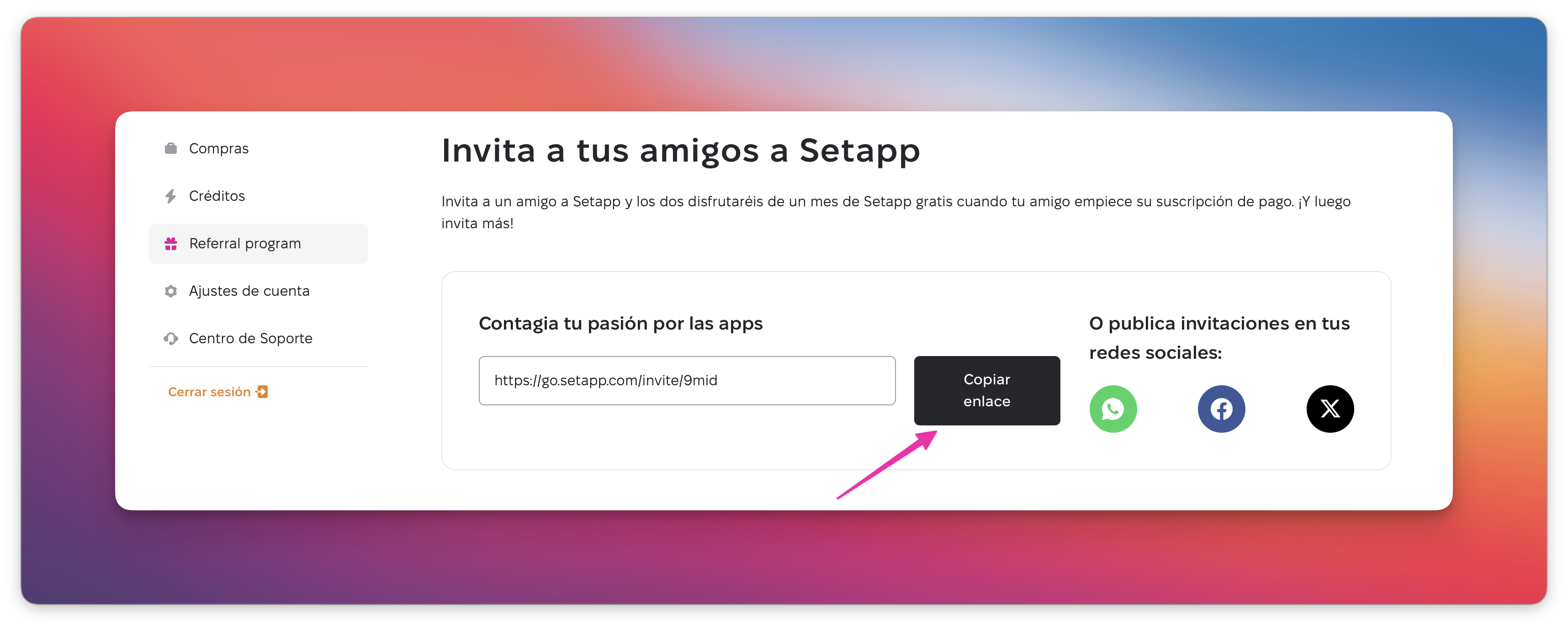  La página «Referral program» de Setapp con un enlace de invitación y el botón «Copiar enlace» destacado.