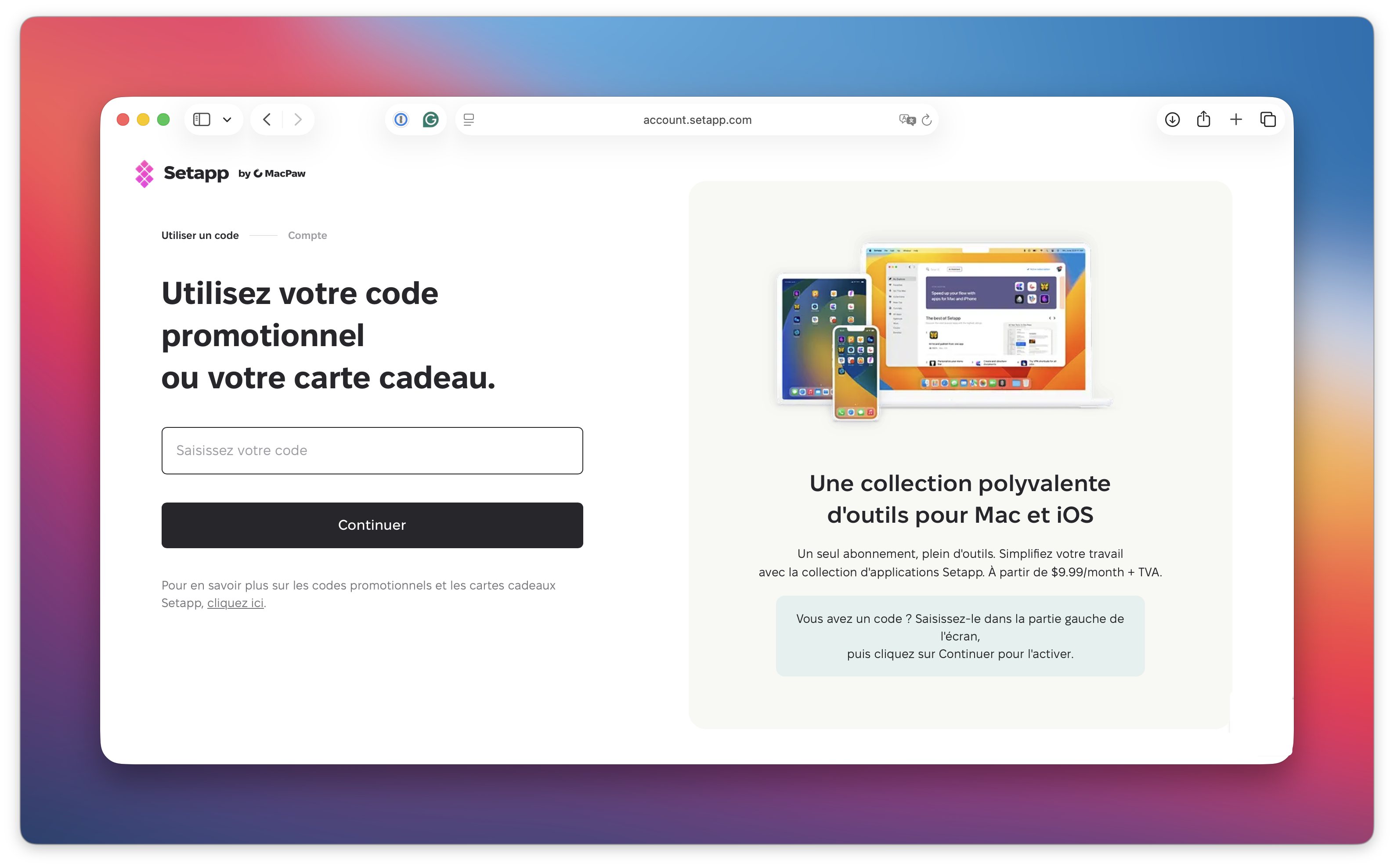 La capture d’écran montre la page de saisie d’un code promotionnel ou d’une carte cadeau Setapp. À gauche se trouve un champ pour entrer un code, accompagné du bouton « Continuer ». À droite, une illustration d’appareils Apple et un texte promotionnel sur la collection d’outils Setapp.