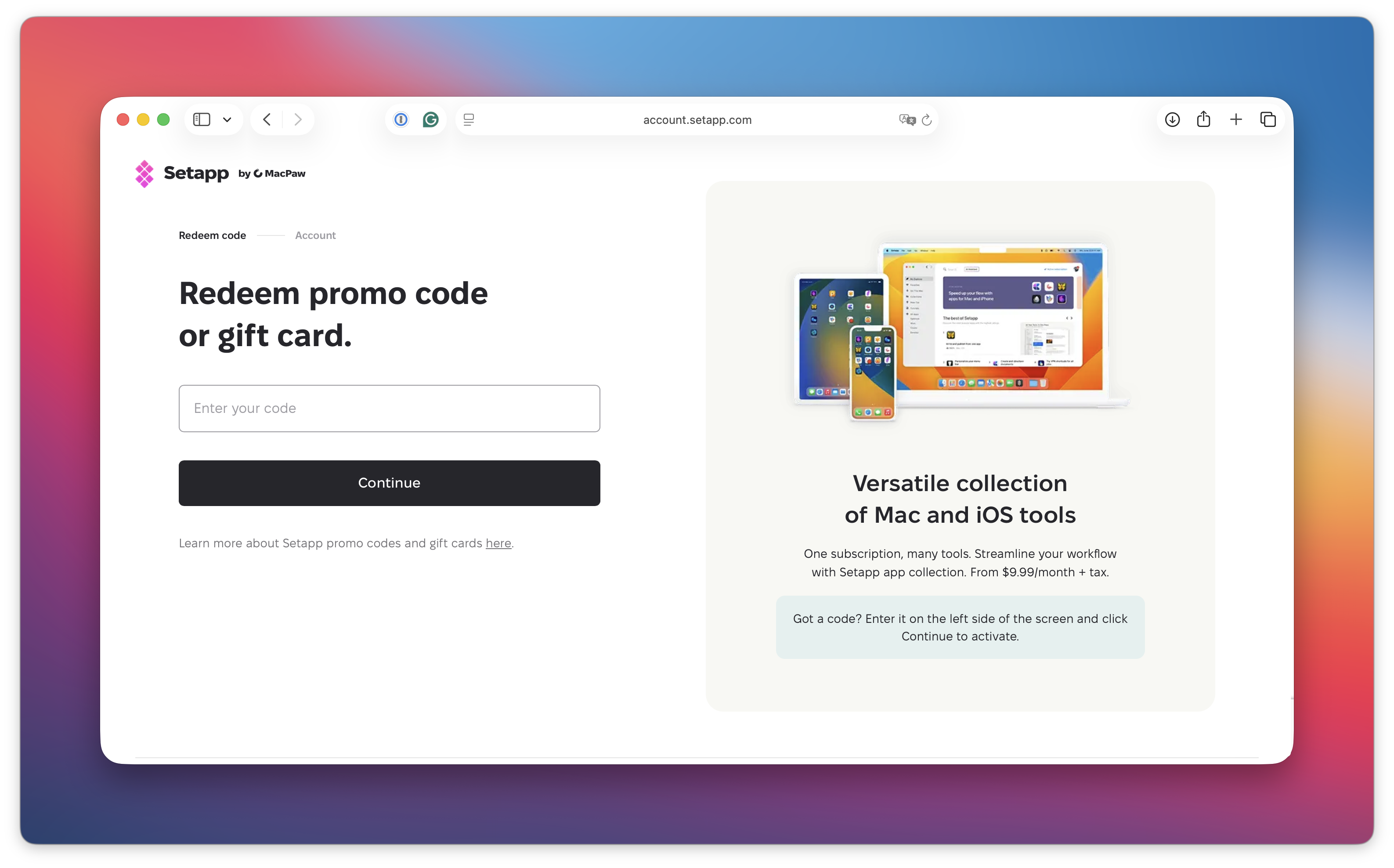 The screenshot shows the Setapp promo code redemption page. On the left, there's a field to enter a code and a “Continue” button. On the right, there's an image of Apple devices and a short promotional description of the app collection.
