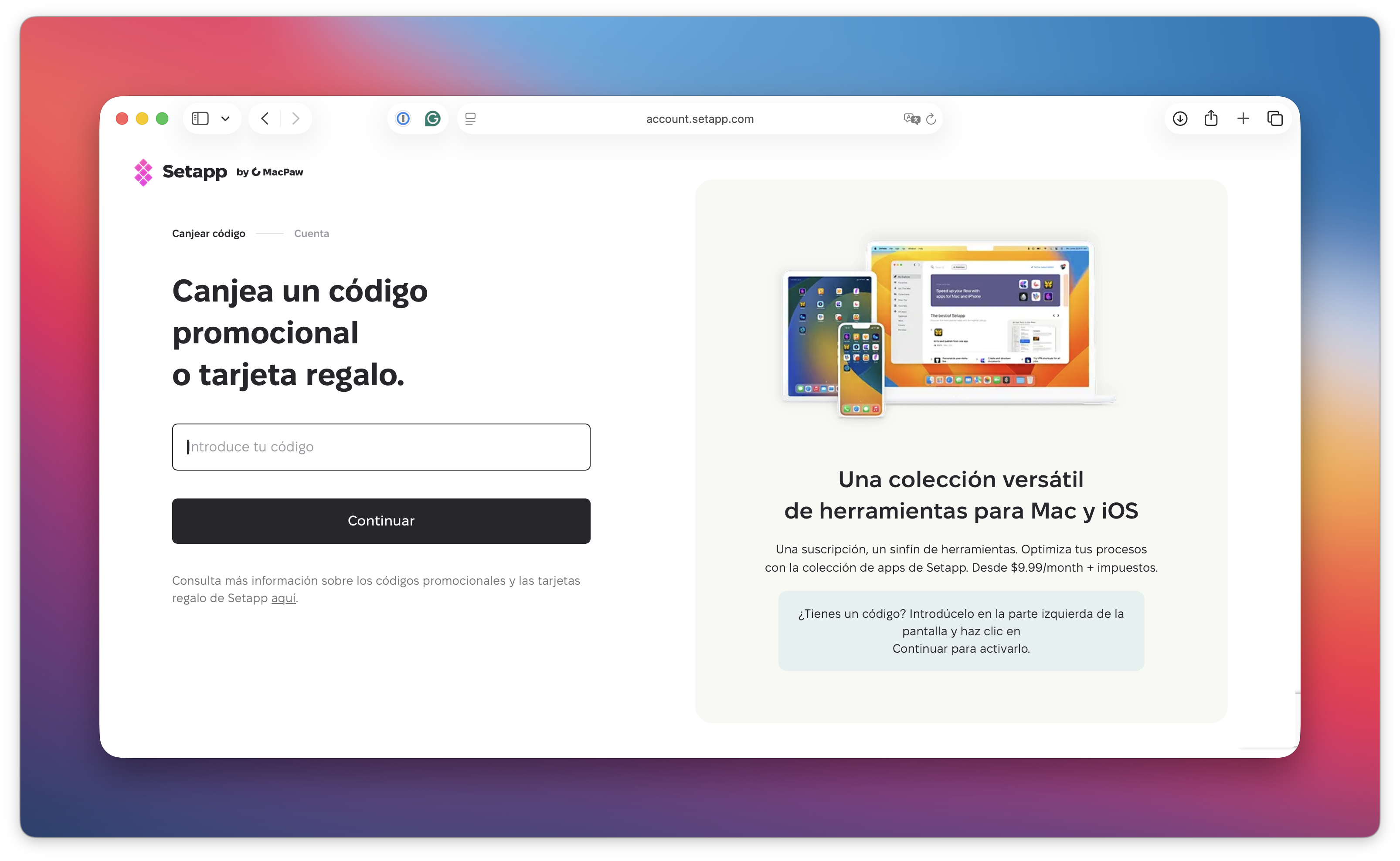 La captura muestra la página para canjear un código promocional o tarjeta regalo, con un campo de texto y el botón Continuar a la izquierda, y una imagen de dispositivos Apple con información sobre la suscripción a la derecha.