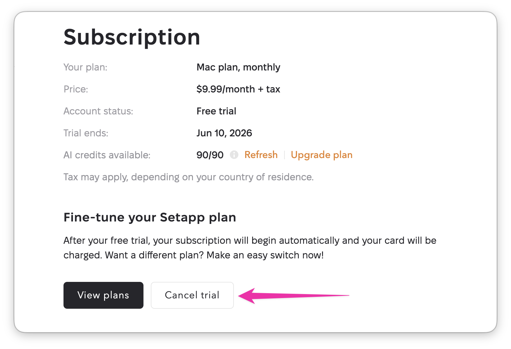 The Setapp "Subscription" page showing a free trial on the Mac monthly plan, with the "Cancel trial" button highlighted.