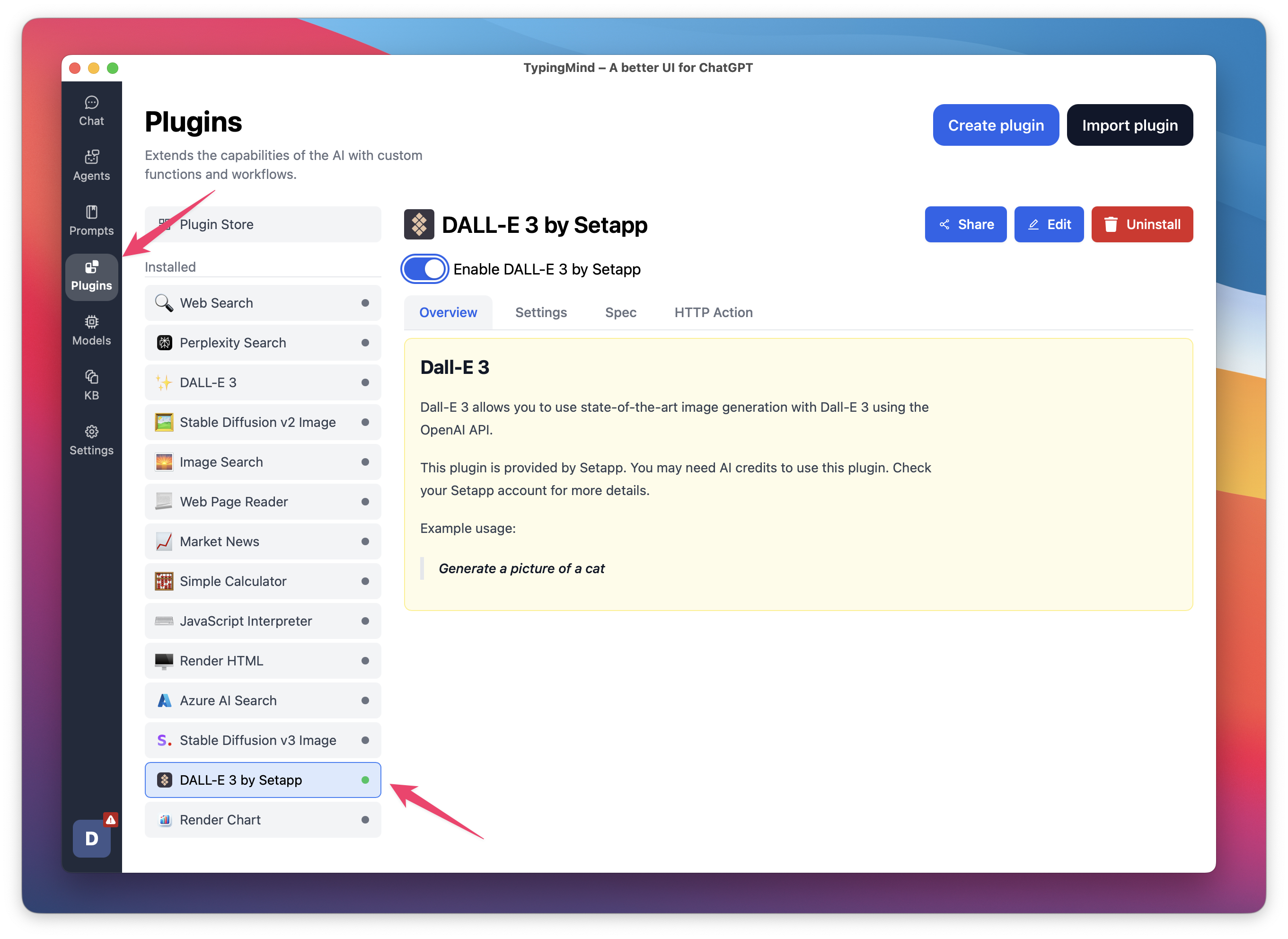 Знімок екрана показує увімкнений плагін «DALL-E 3 by Setapp» у розділі Plugins застосунку TypingMind.