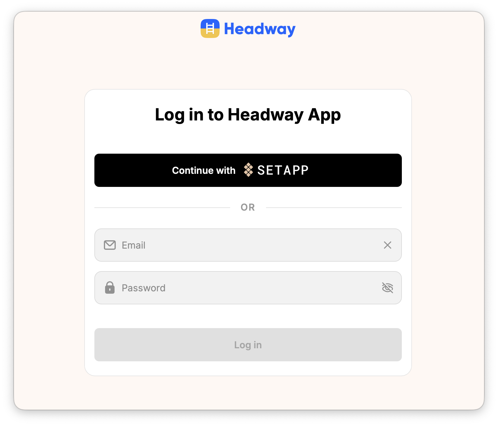 Capture d’écran de l’interface de connexion de Headway avec l’option « Continue with Setapp ».