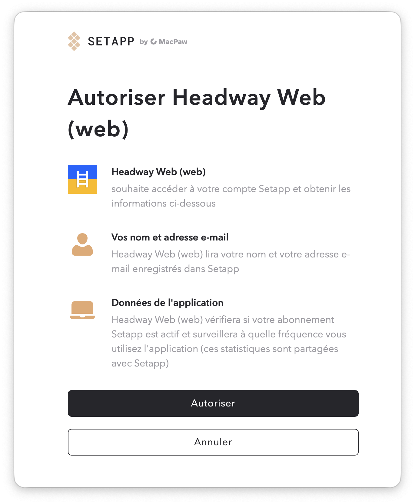 Capture d’écran de l’écran d’autorisation de Setapp pour Headway Web, indiquant les données auxquelles l’application souhaite accéder.