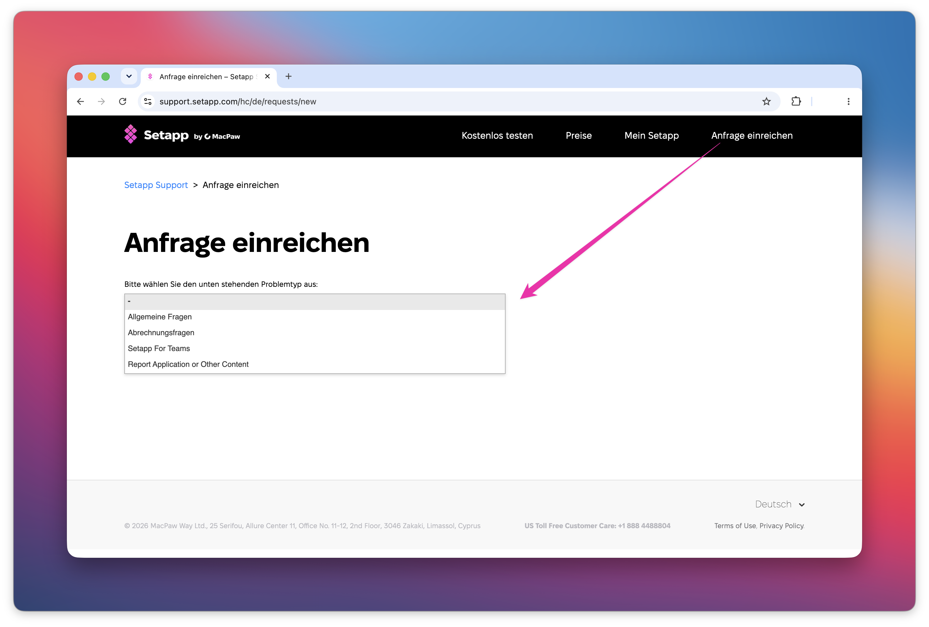 Der Screenshot zeigt das Anfrageformular auf der Setapp-Supportseite mit geöffnetem Dropdown-Menü zur Problemauswahl.