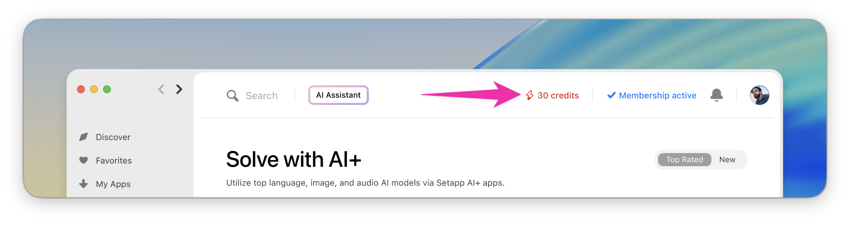 Indicateur de crédits dans l'application de bureau Setapp