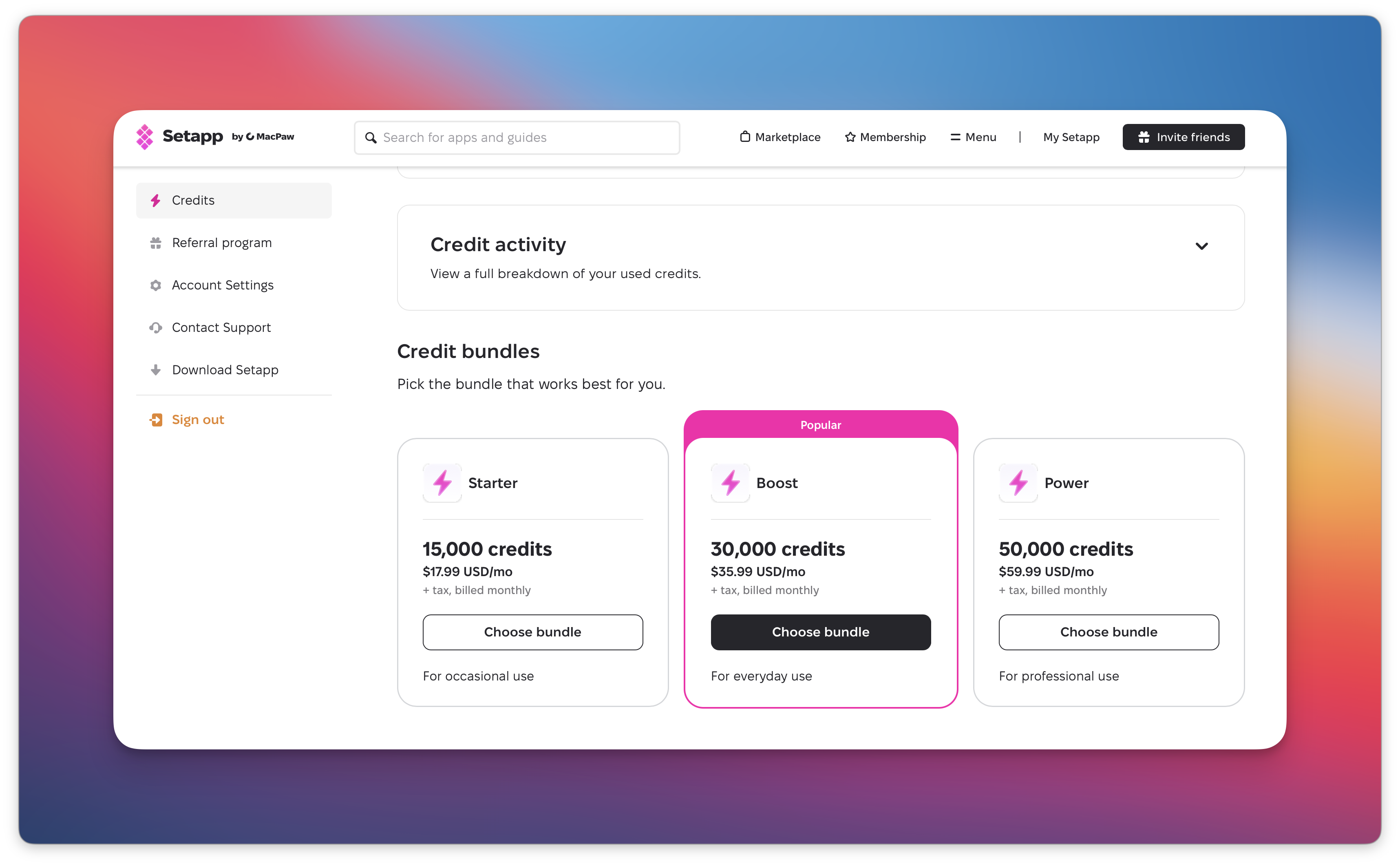 Sélection du pack de crédits dans le compte Setapp