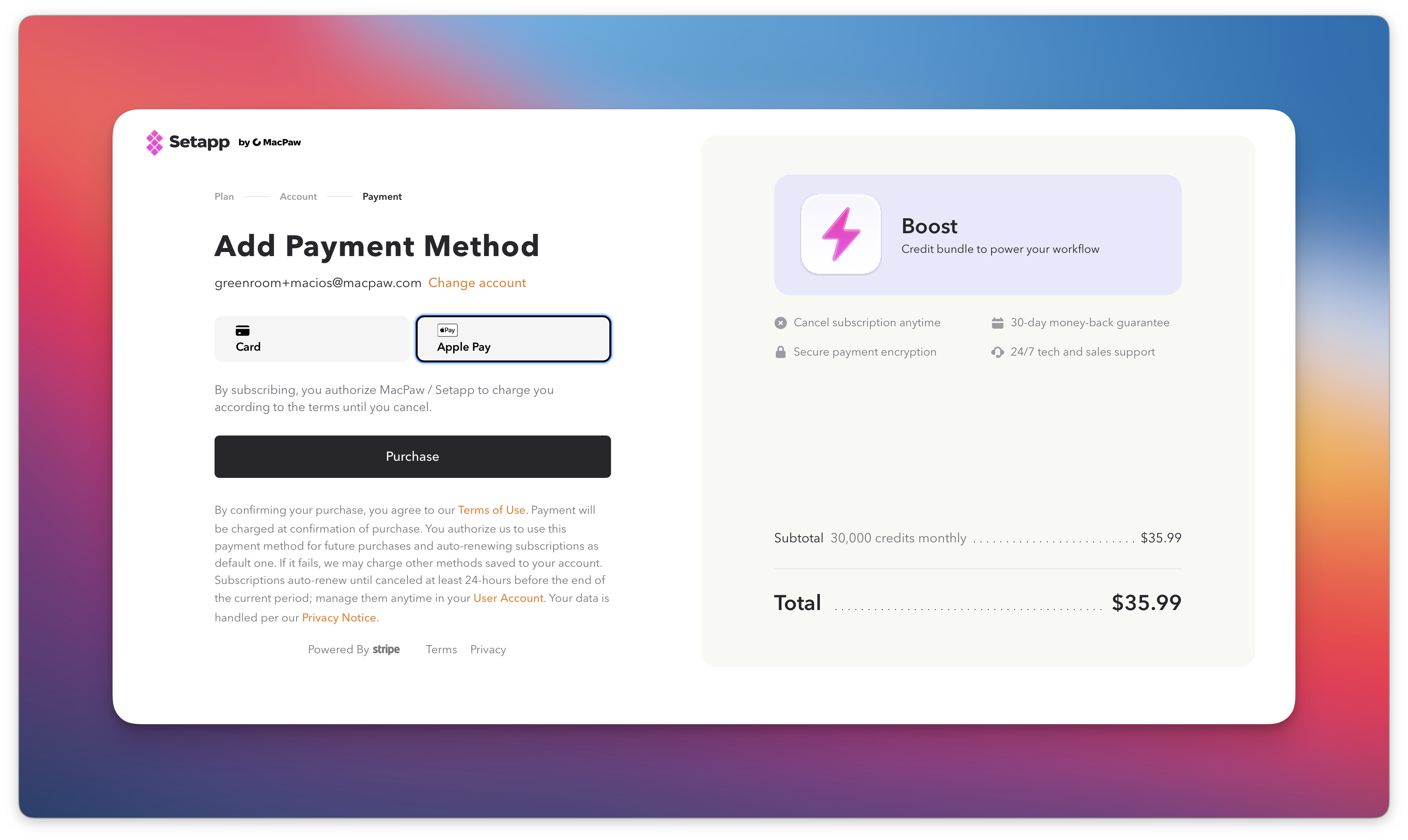 Pantalla de confirmación de compra del paquete de créditos en Setapp