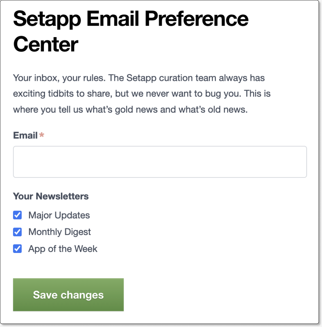 Capture d’écran du centre de préférences e-mail Setapp affichant un champ pour l’adresse e-mail et trois cases cochées pour les types de newsletters : mises à jour majeures, revue mensuelle, app de la semaine.